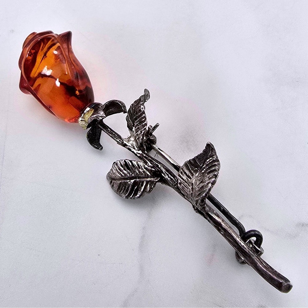 Vintage Sterling Silver Baltic Amber Rose Brooch Pin Cognac Carved Flower 925